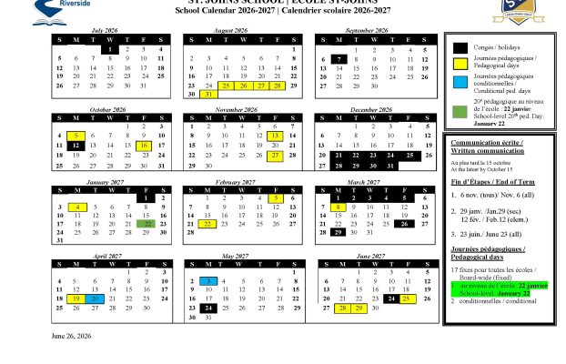 Calendrier scolaire de St-Johns 2026-2027